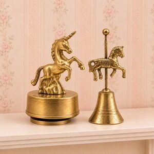 Vintage Brass Unicorn Music Box & Carousel Horse Bell Set Flambro 1985 Nursery